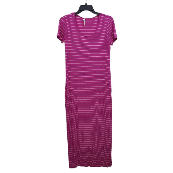 Calvin Klein Women's Magenta White Stripe Short Sleeve Jersey Knit Maxi Dress 6 - Picture 1 of 6